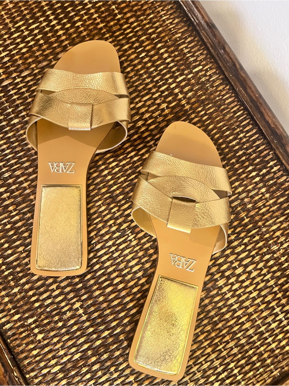 Zara Metallic Gold Leather Slide Sandals